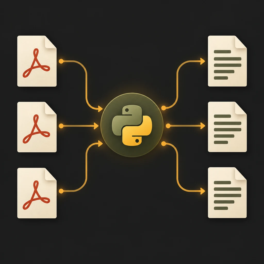 PDF 文件夹进入 Python 转换脚本，再分别生成 Markdown 文件的流程示意图