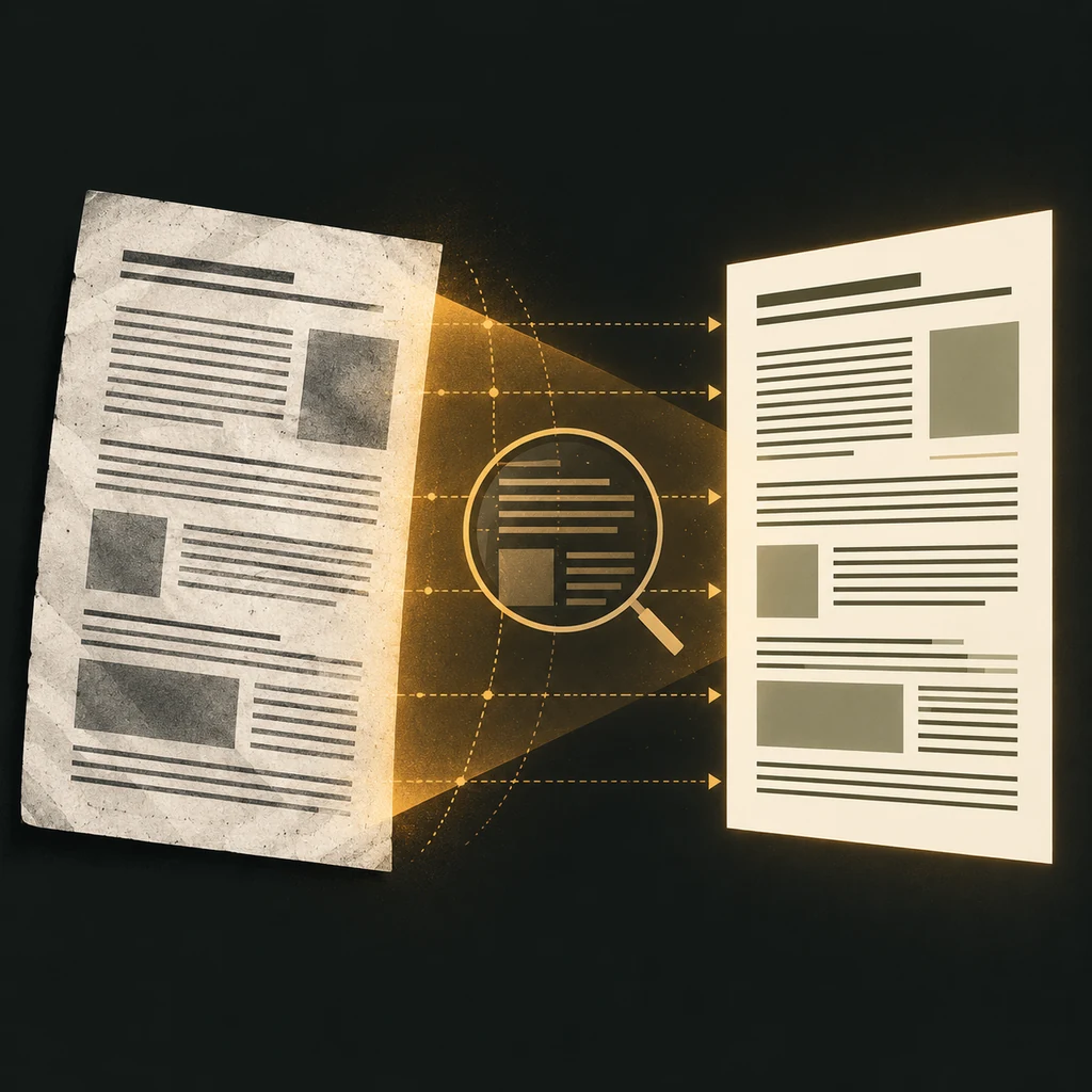可选中文本的 PDF 页面与需要先做 OCR 的扫描页概念对比图